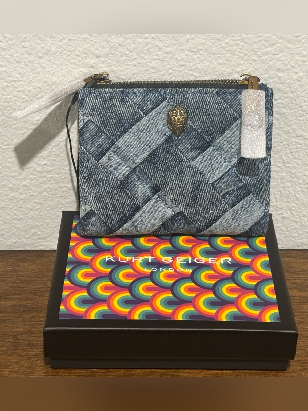 Kurt Geiger Quilted Denim Zip Wallet with Gold-Tone Emblem